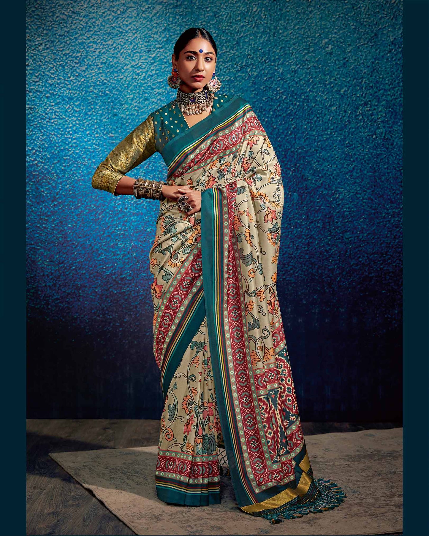 Tussar Silk Saree with Kalamkari Print & Patola Pallu With Lagdi paata | RP29